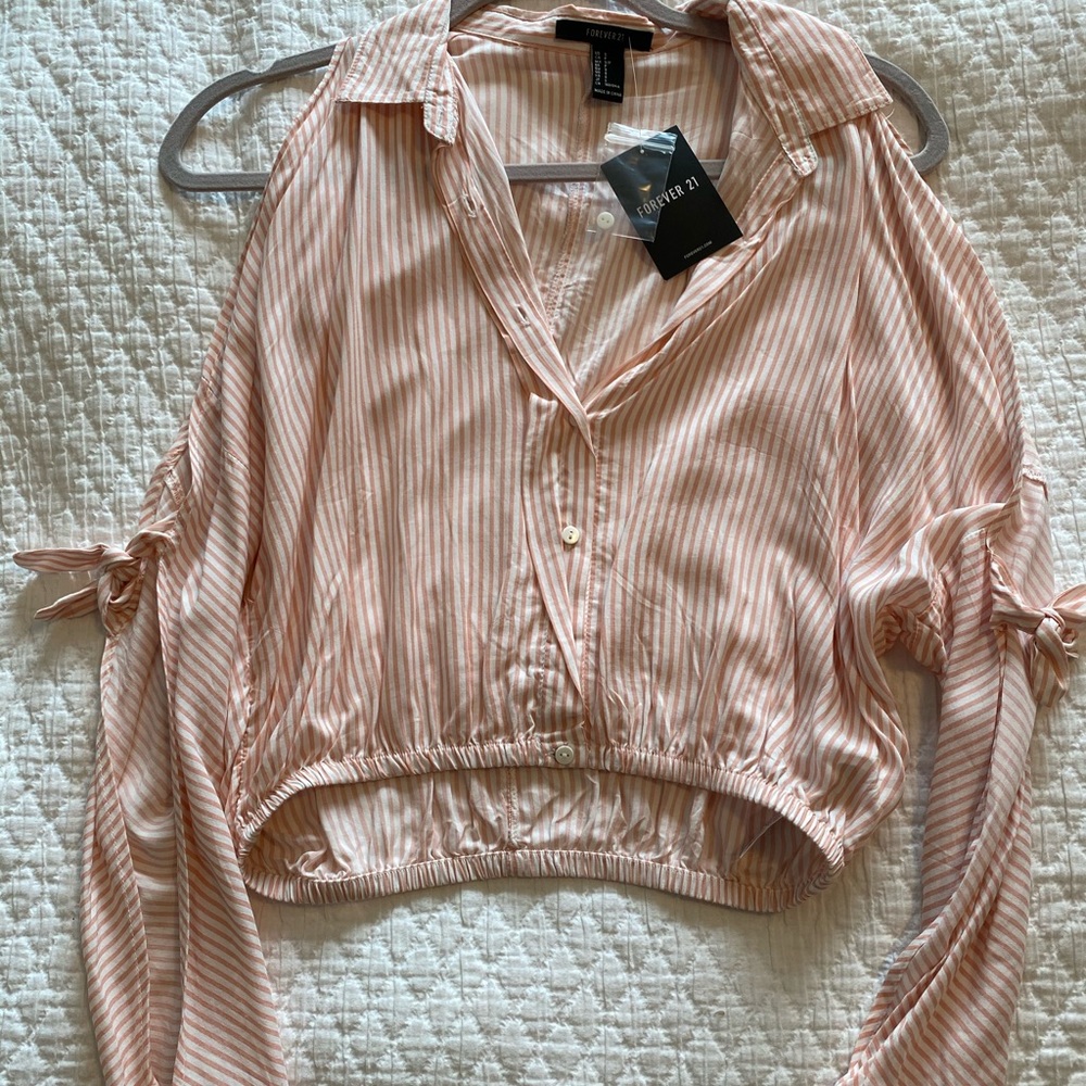 Pinstripe Open Shoulder Cropped Shirt | Forever 21
